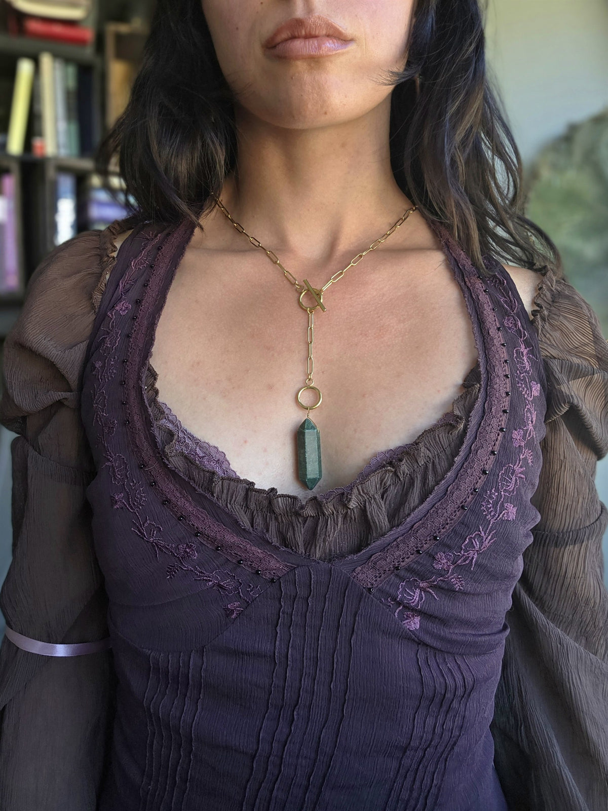 Jade double pendulum necklace, worn