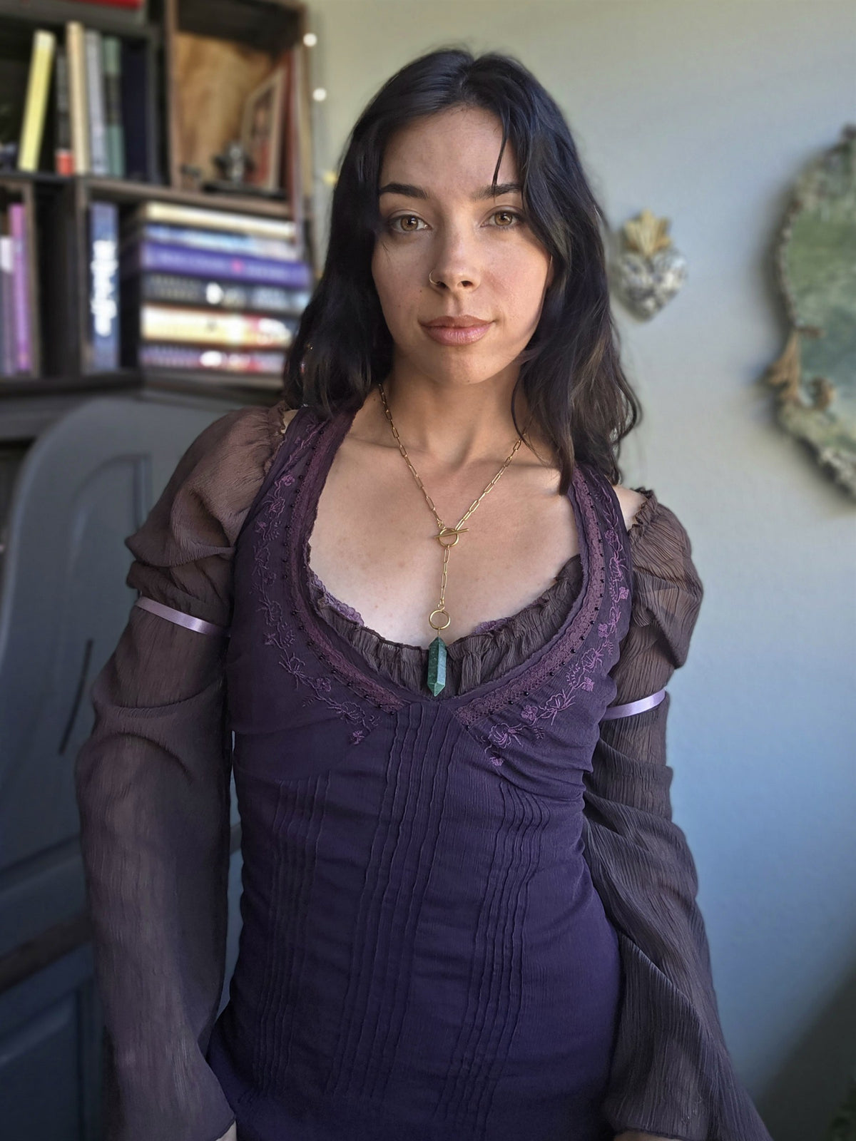 Jade double pendulum necklace, worn