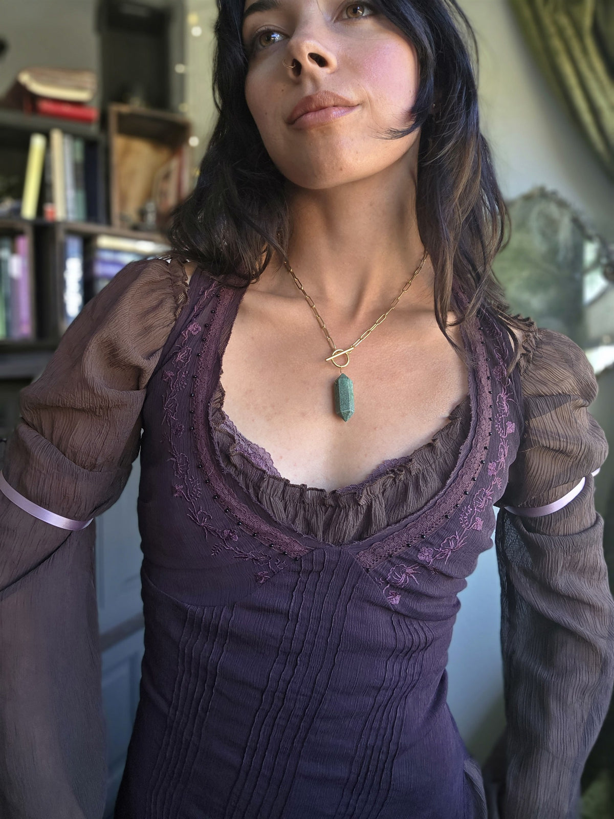 Jade single pendulum necklace, worn