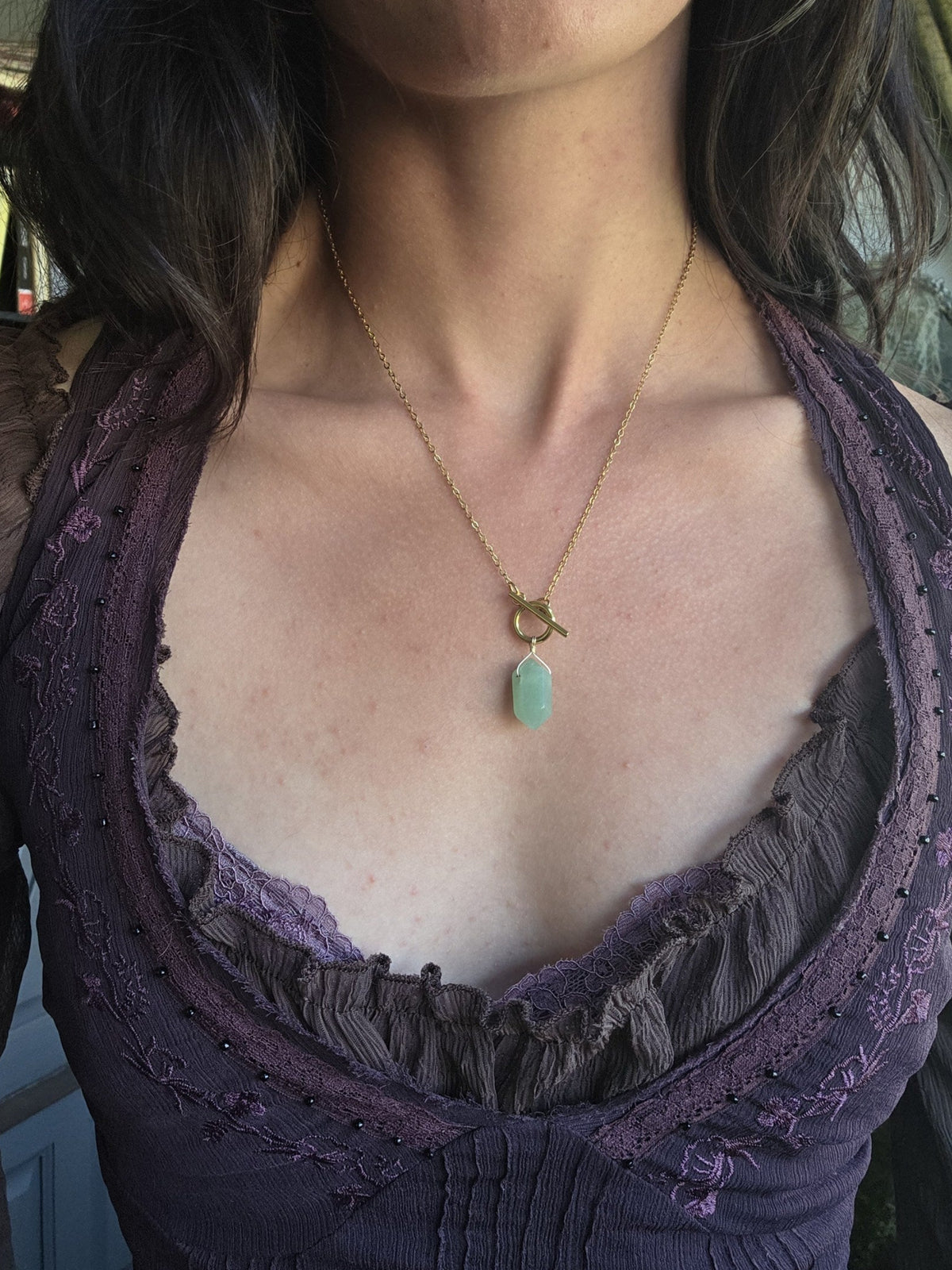 Aventurine pendulum necklace, worn