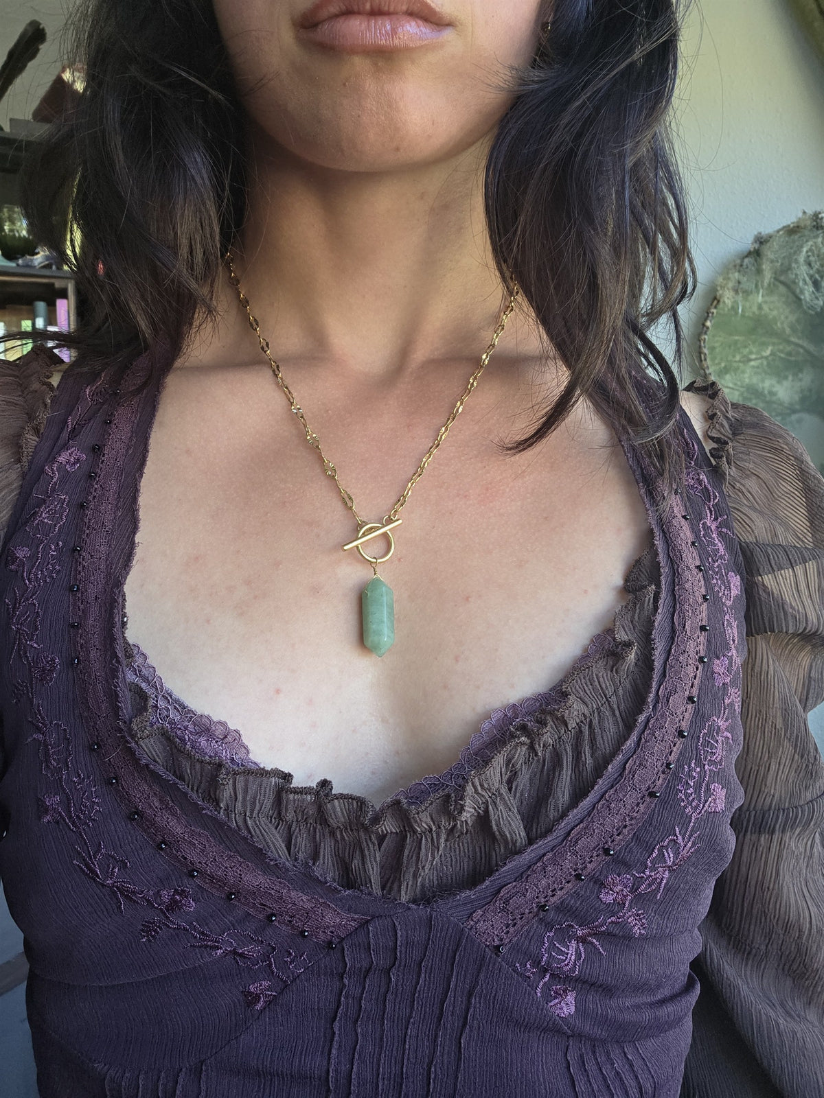 Aventurine star pendulum necklace, worn