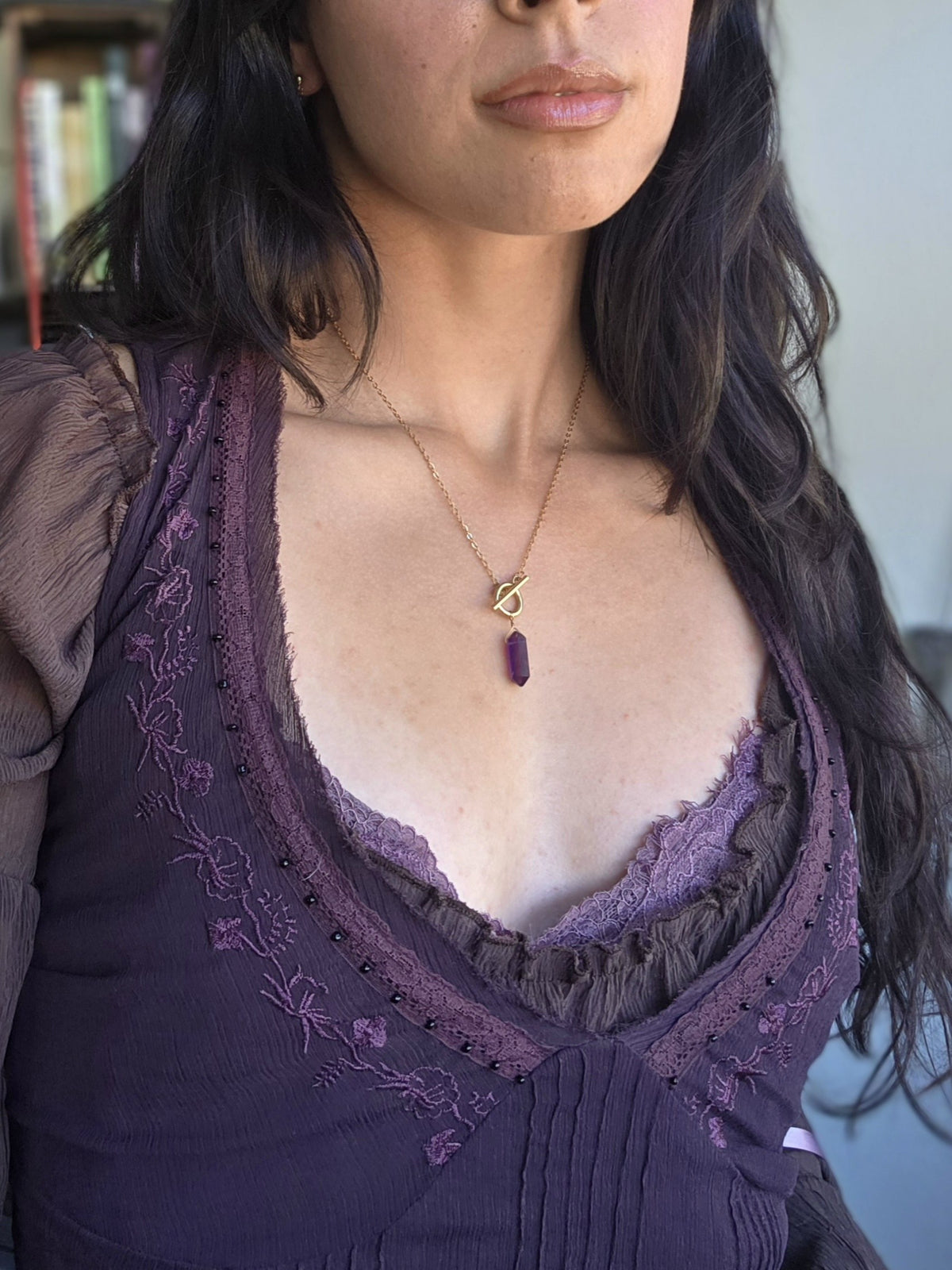 Amethyst pendulum necklace on gold stainless steel, worn