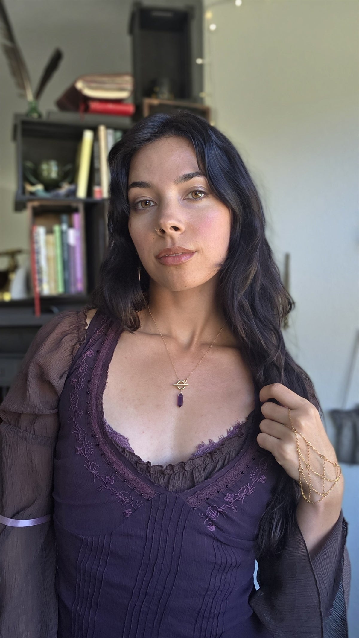 Amethyst pendulum necklace on gold stainless steel, worn