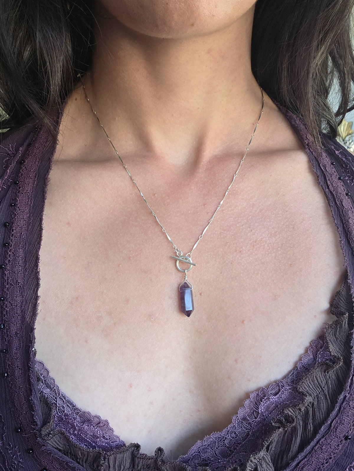 Amethyst pendulum necklace on sterling silver, worn