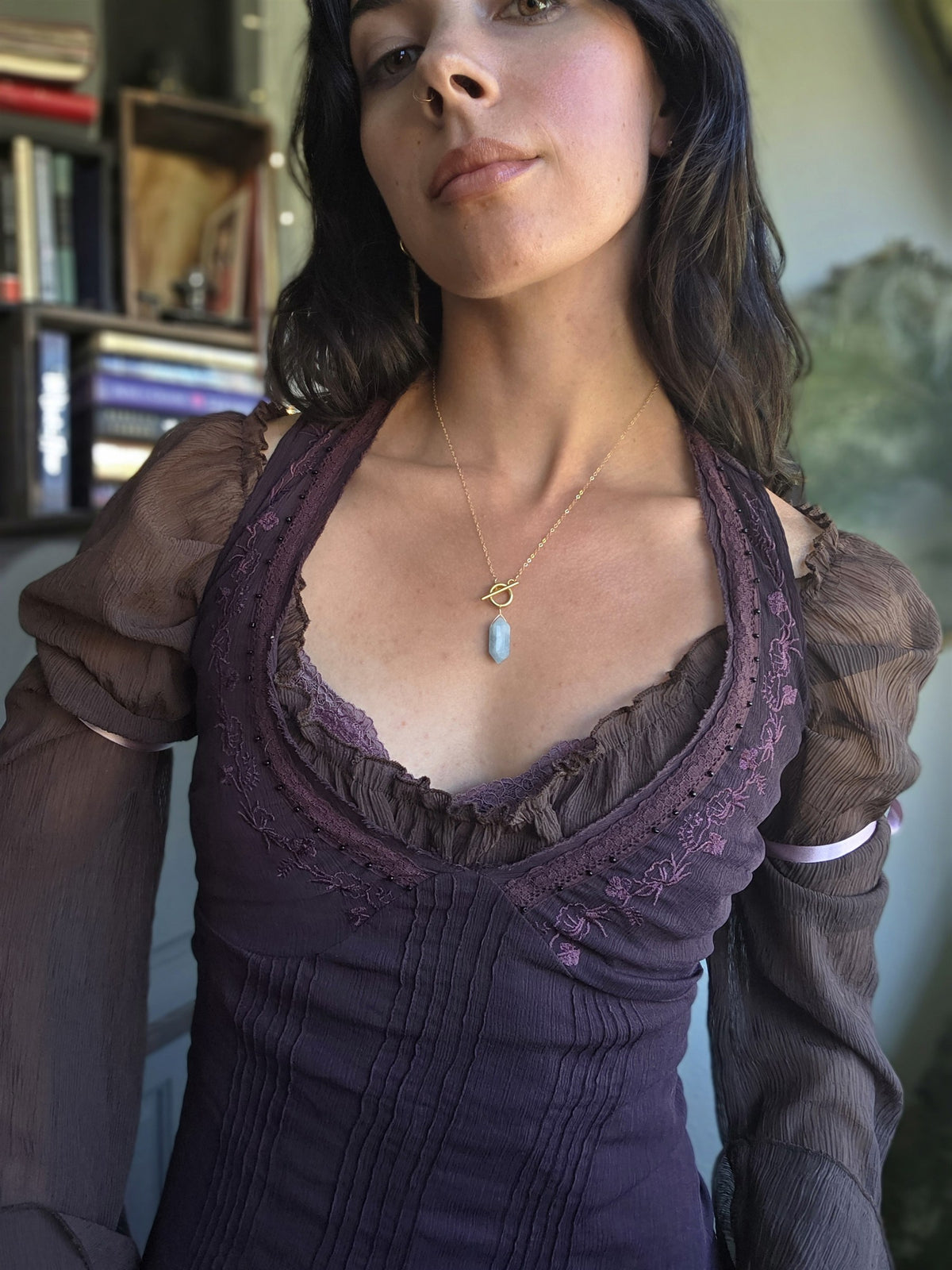 Aquamarine pendulum necklace on 14k gold-filled chain, worn