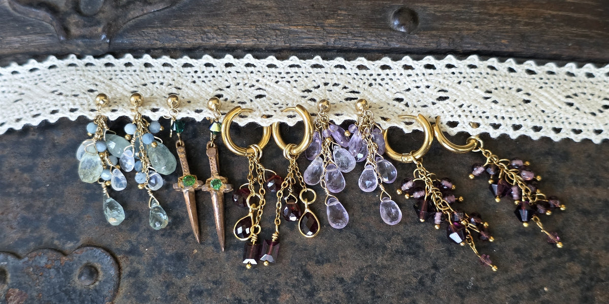 Stone The Raven handmade earrings hanging from vintage lace