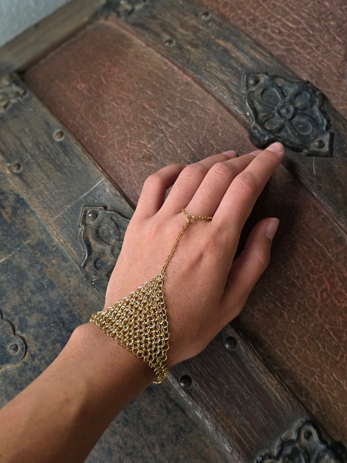 Gold chainmaille hand chain