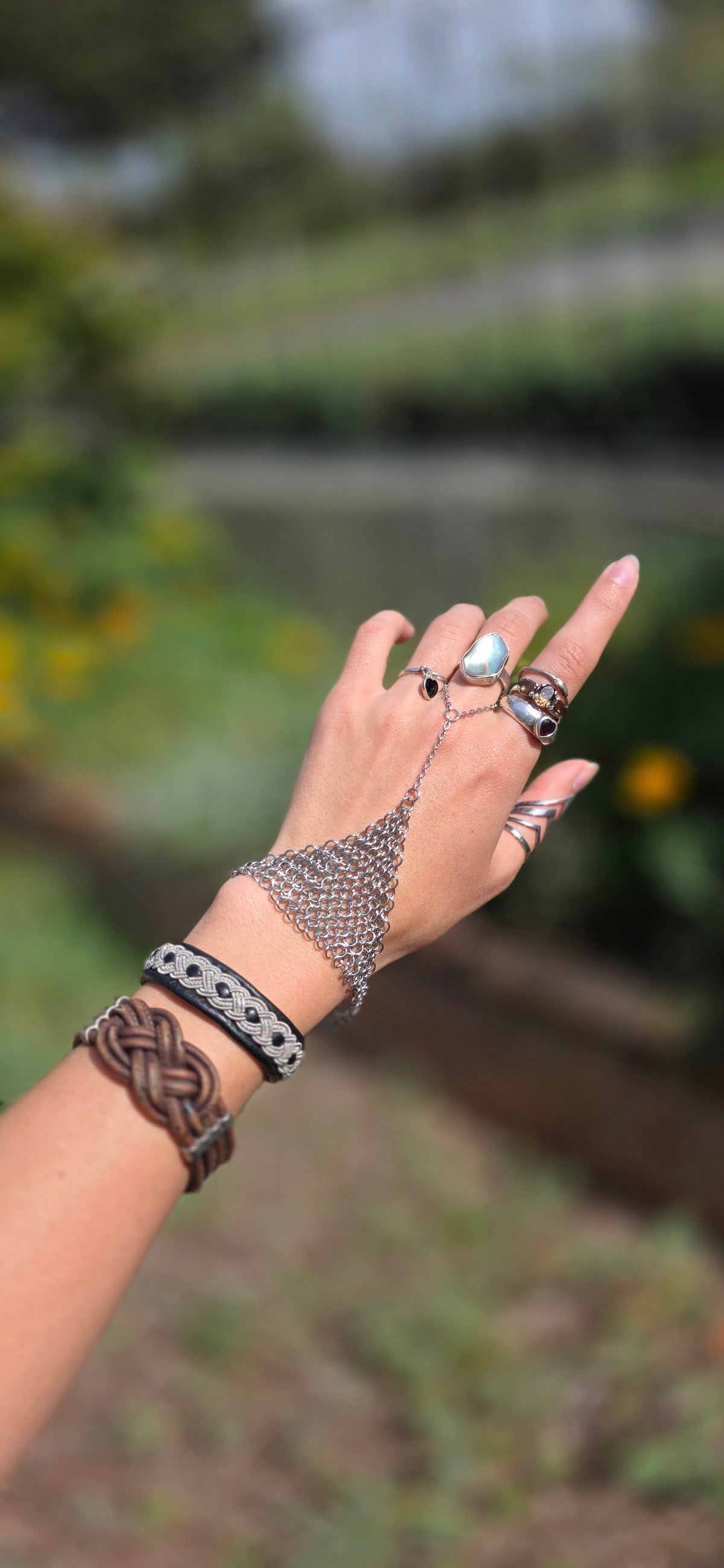 Silver chainmaille hand chain styled