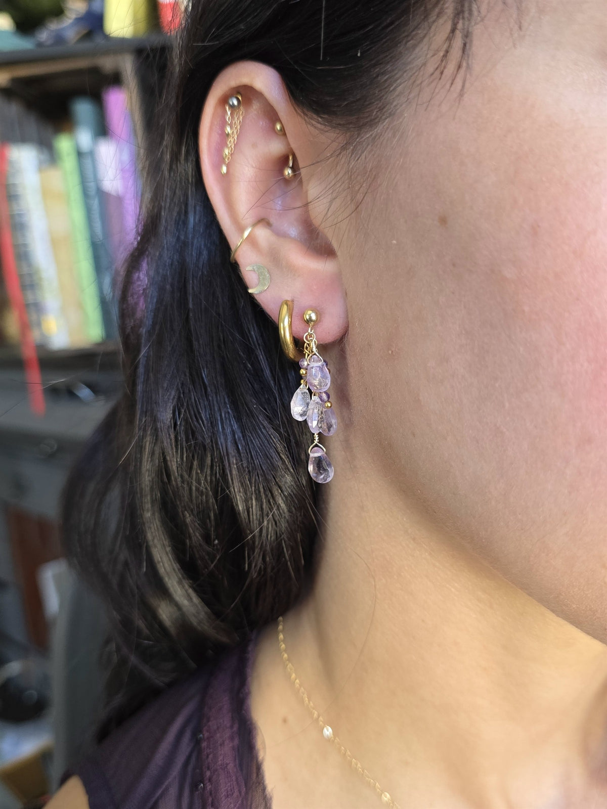 Amethyst cluster earring worn