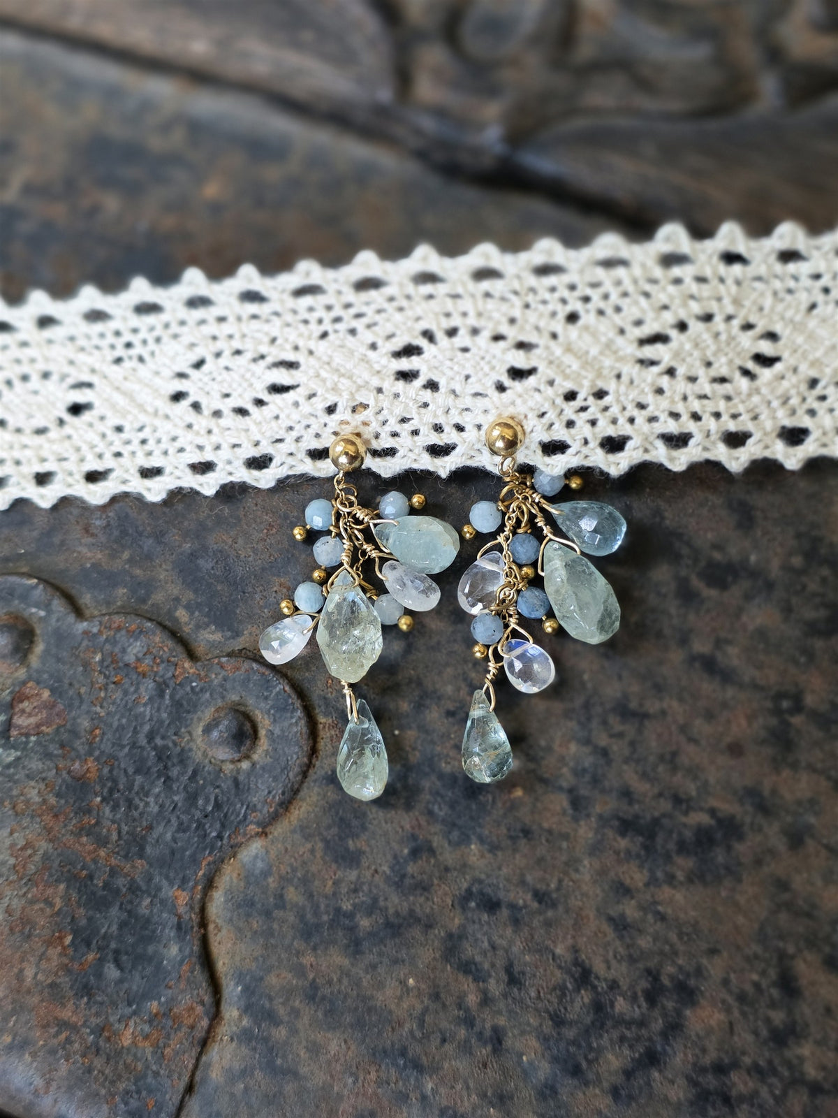 Siren's Tide aquamarine and moonstone earrings on 14k gold-filled posts