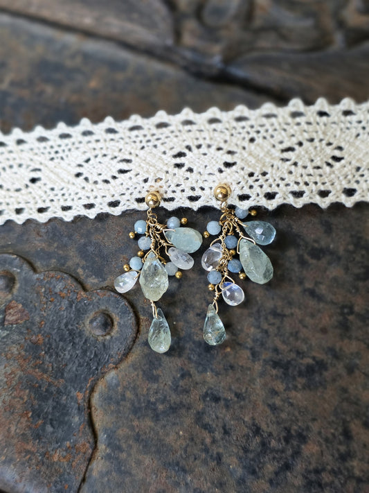 Siren's Tide aquamarine and moonstone earrings on 14k gold-filled posts