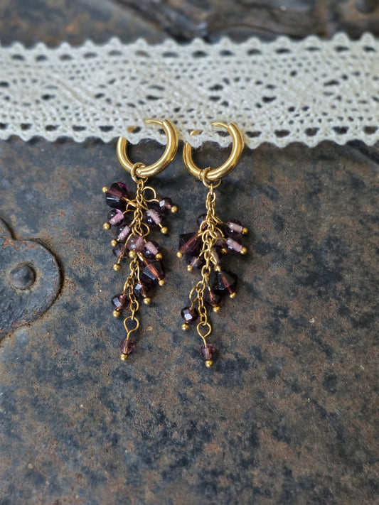 Midnight Plum crystal cluster earrings on gold huggie hoops