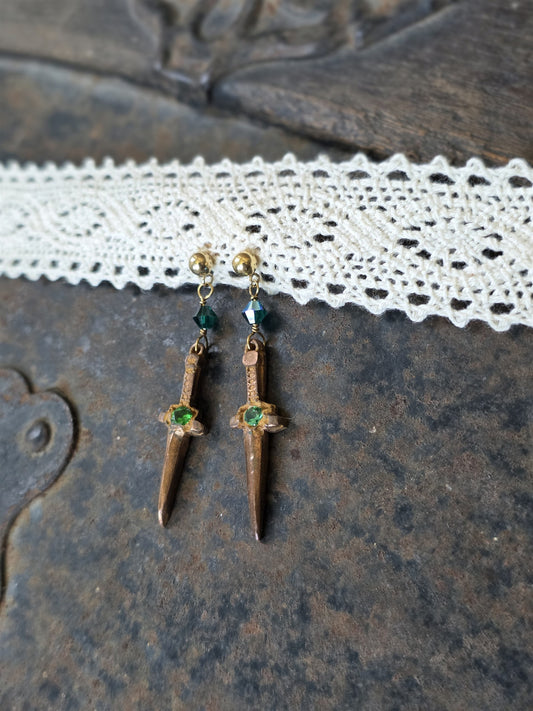 Forest dagger earrings with dark green crystals