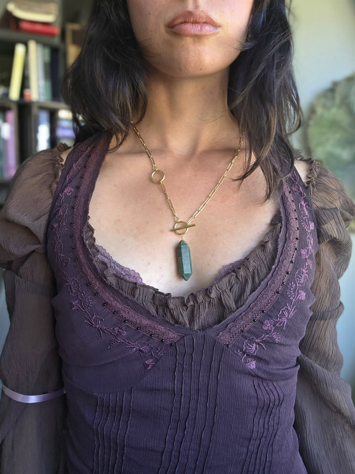 Jade double pendulum necklace, worn