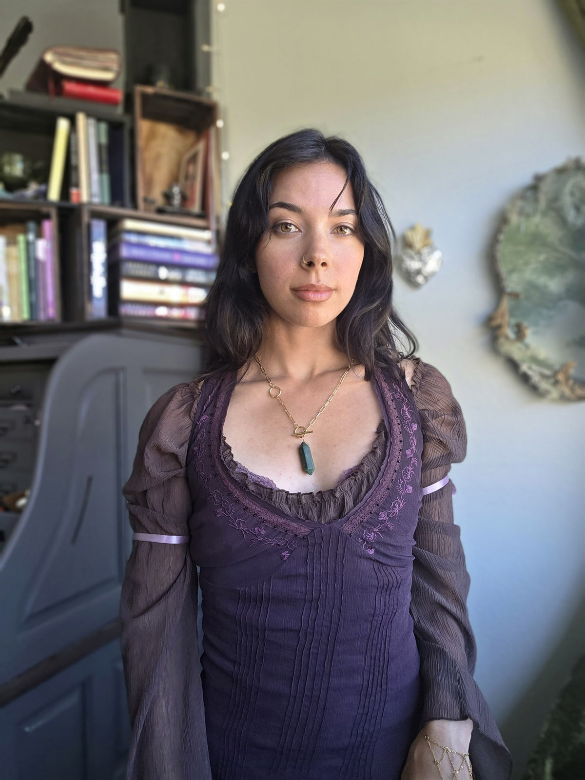 Jade double pendulum necklace, worn
