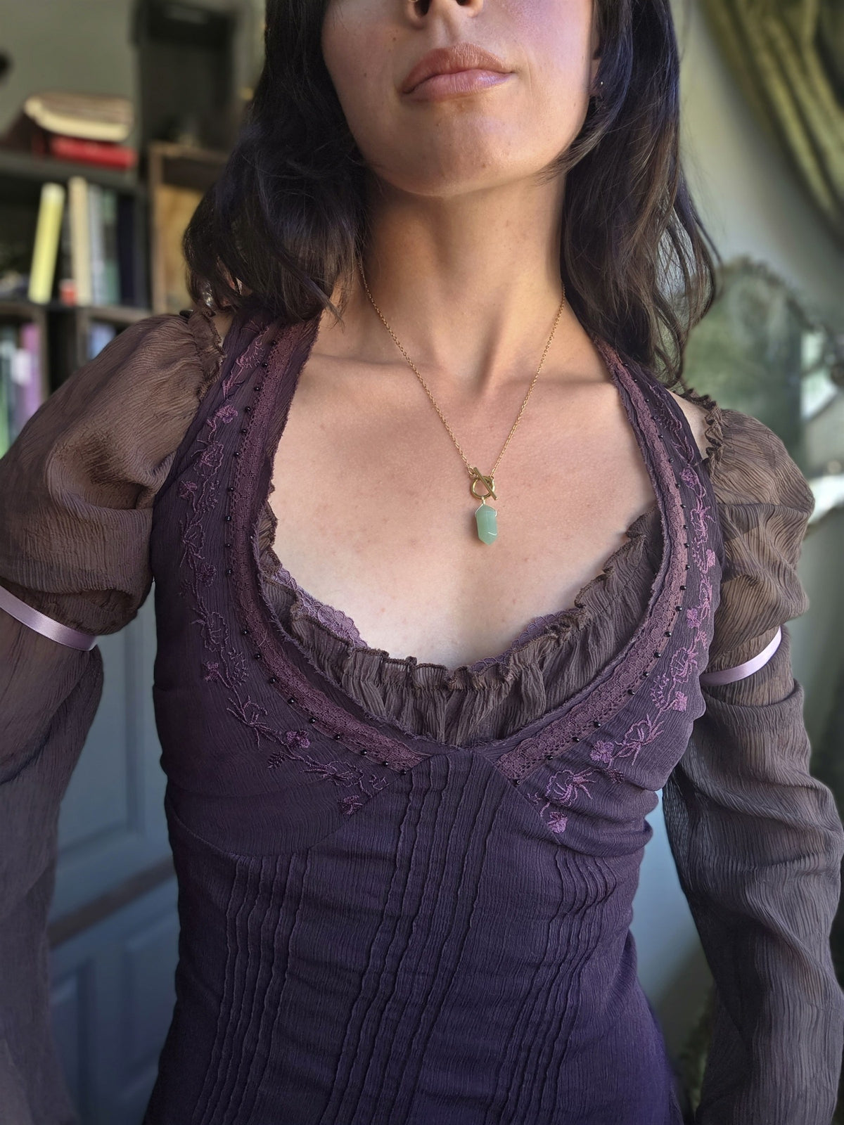 Aventurine pendulum necklace, worn