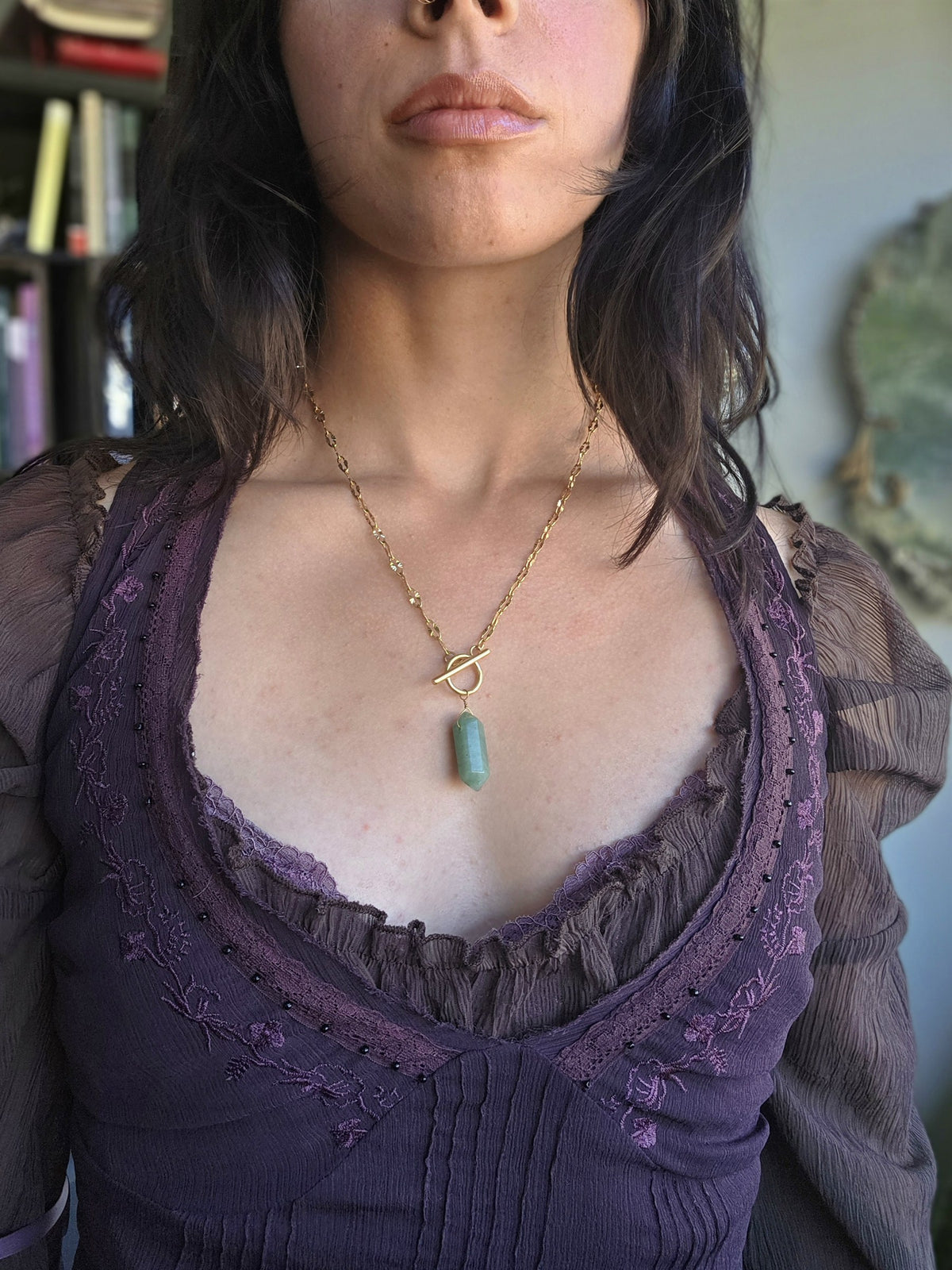 Aventurine star pendulum necklace, worn