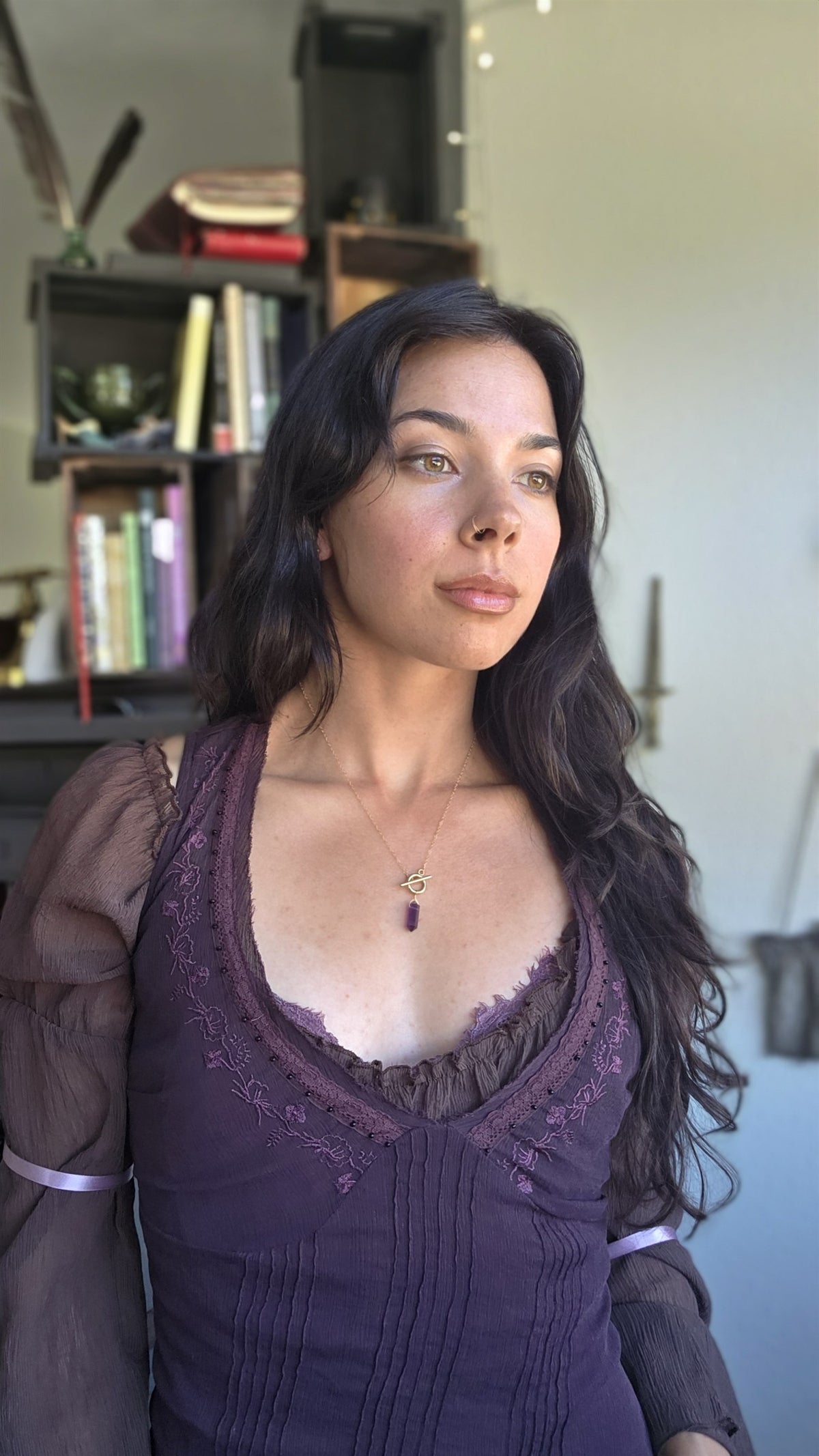 Amethyst pendulum necklace on gold stainless steel, worn
