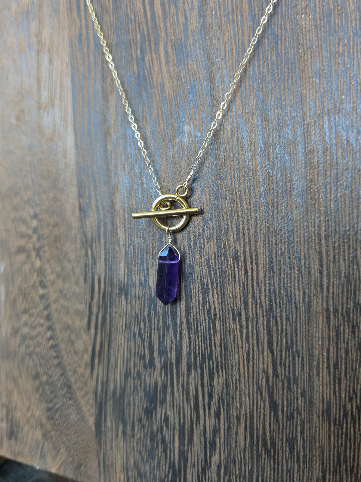 Amethyst pendulum necklace on 14k gold-filled chain, detail
