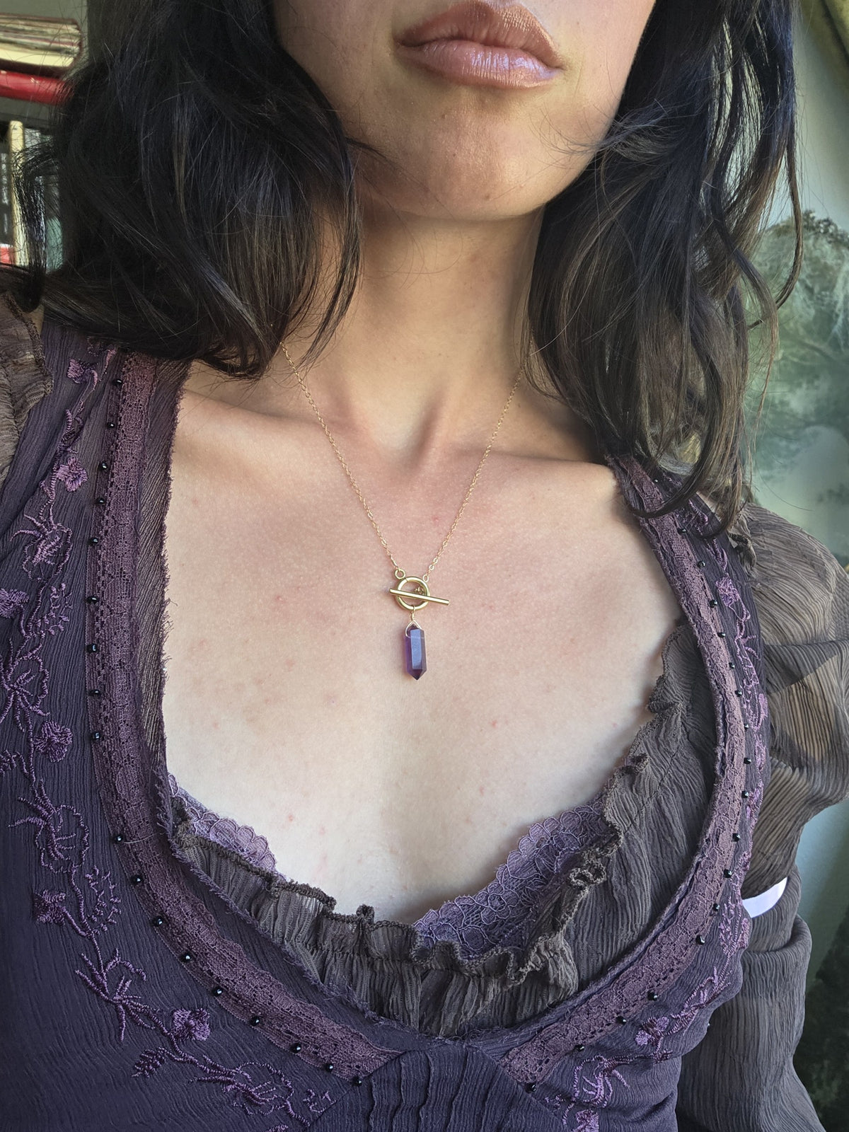 Amethyst pendulum necklace on 14k gold-filled chain, worn