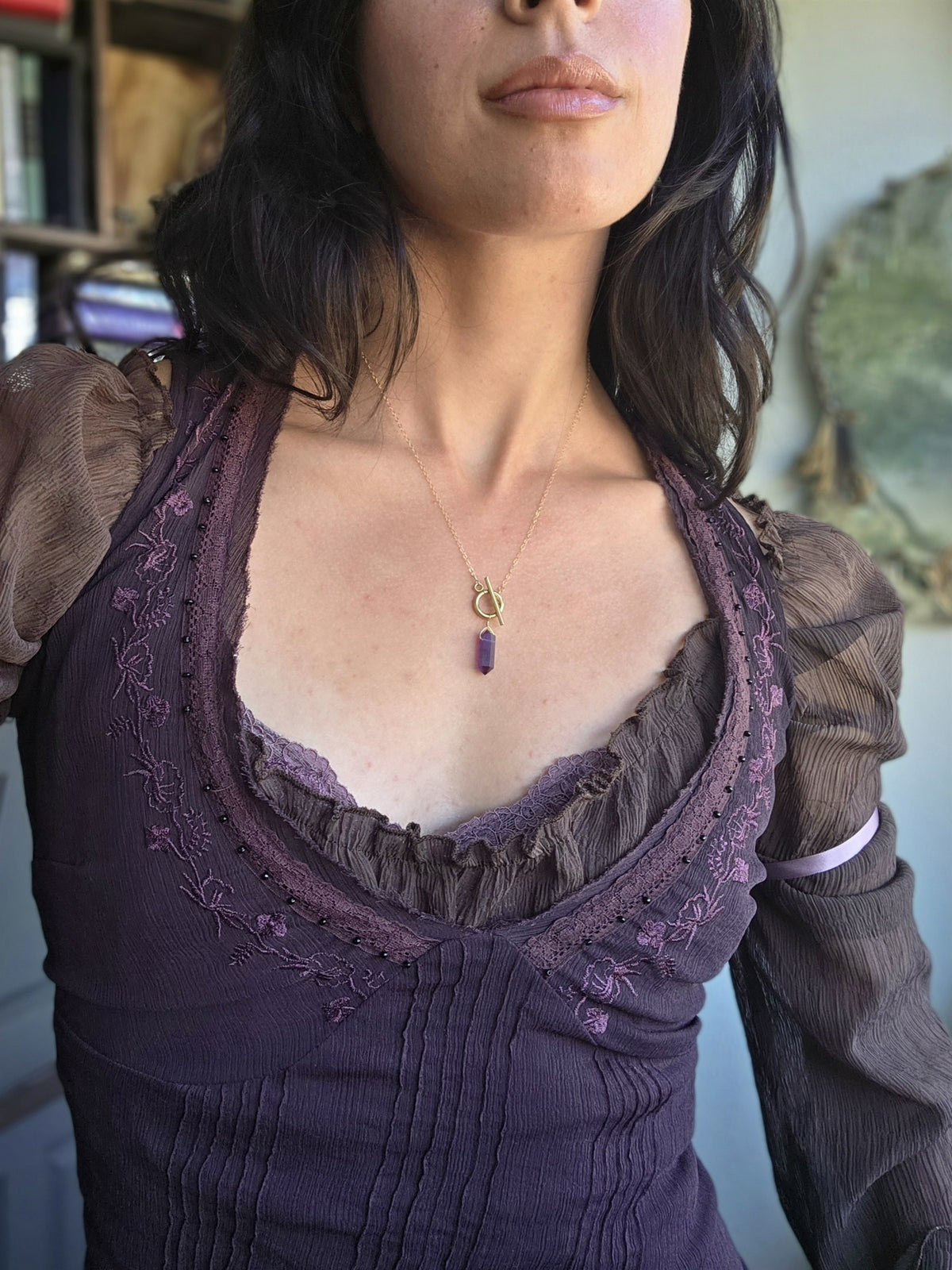 Amethyst pendulum necklace on 14k gold-filled chain, worn