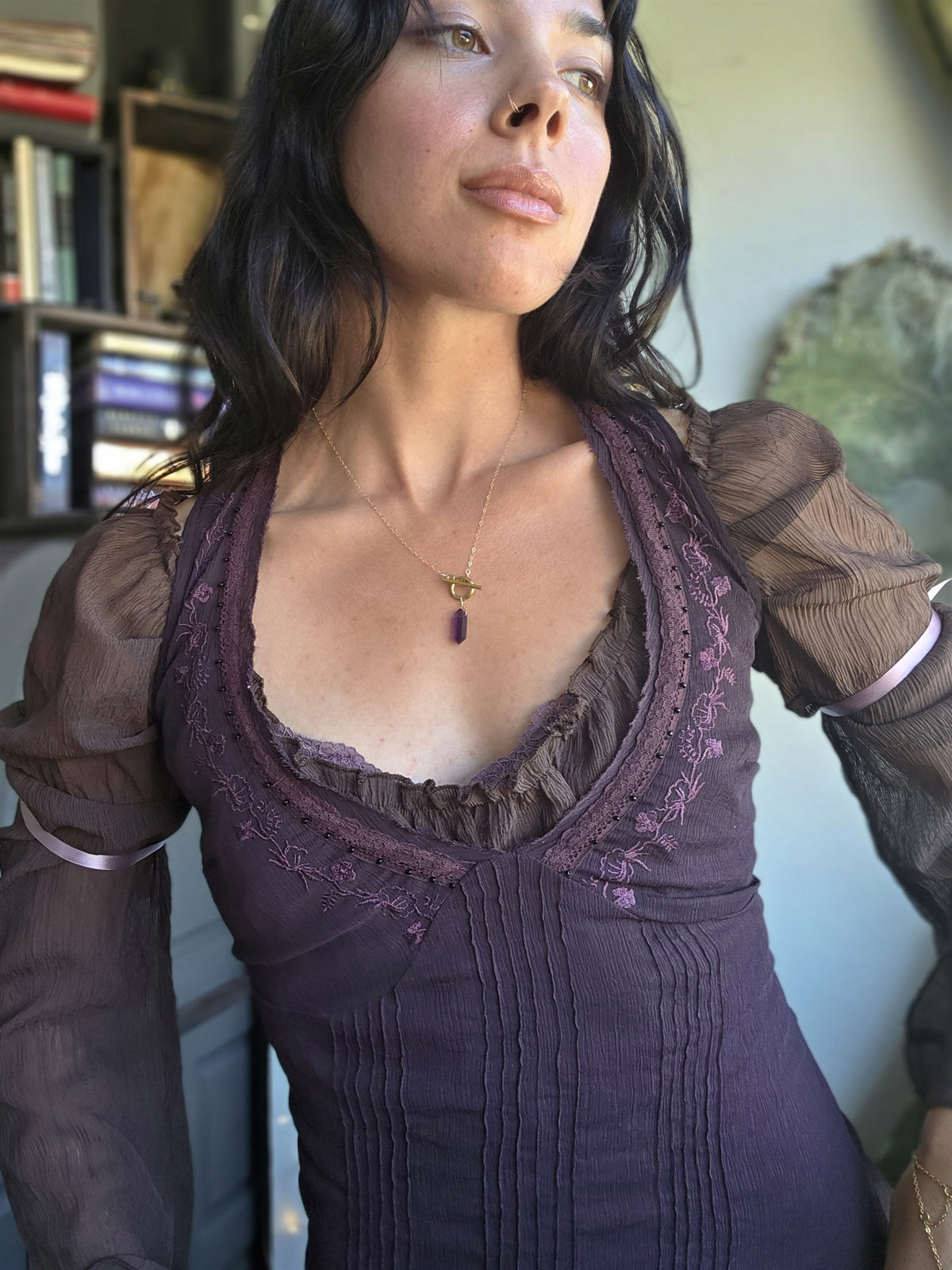 Amethyst pendulum necklace on 14k gold-filled chain, worn