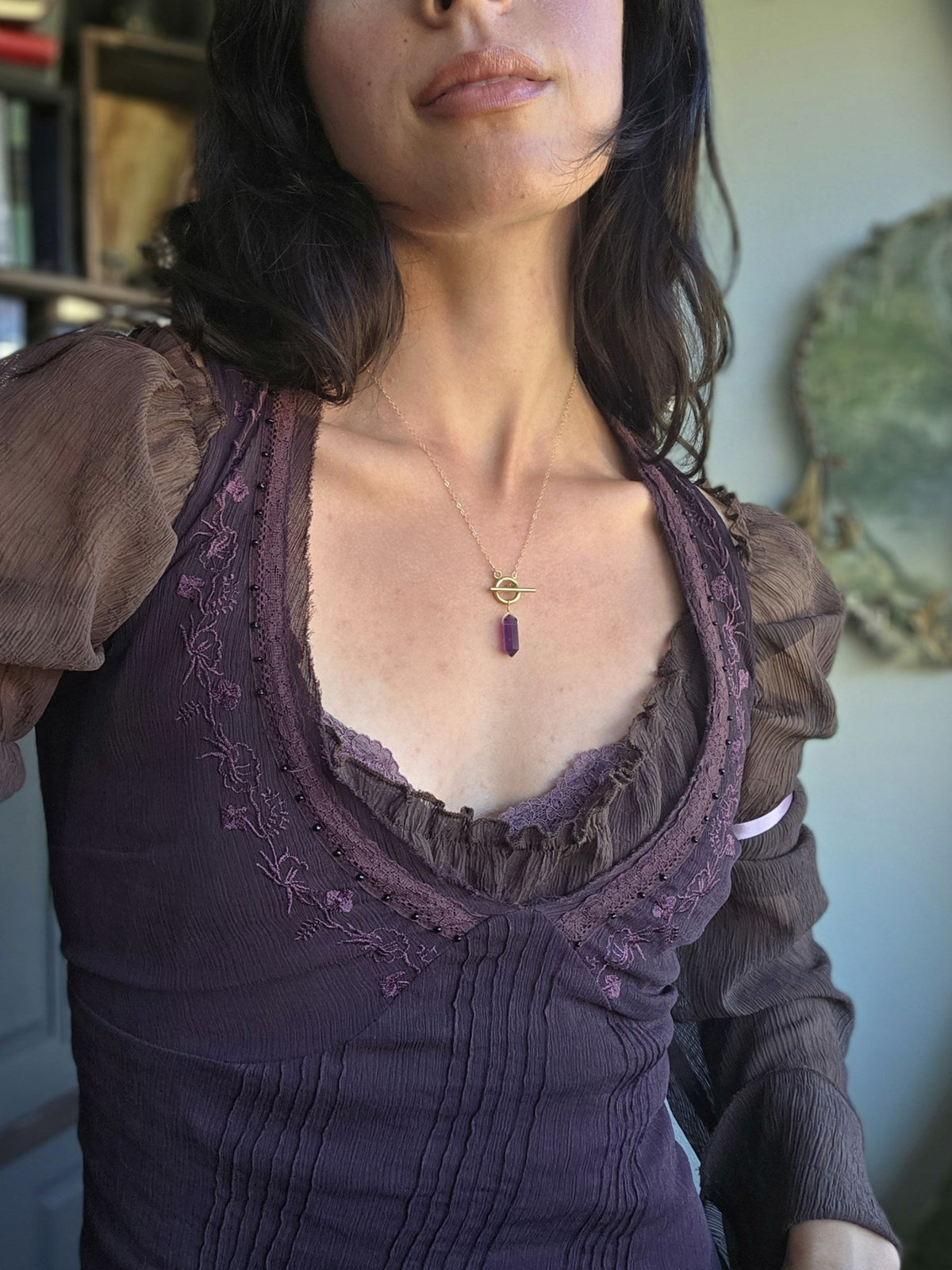 Amethyst pendulum necklace on 14k gold-filled chain, worn