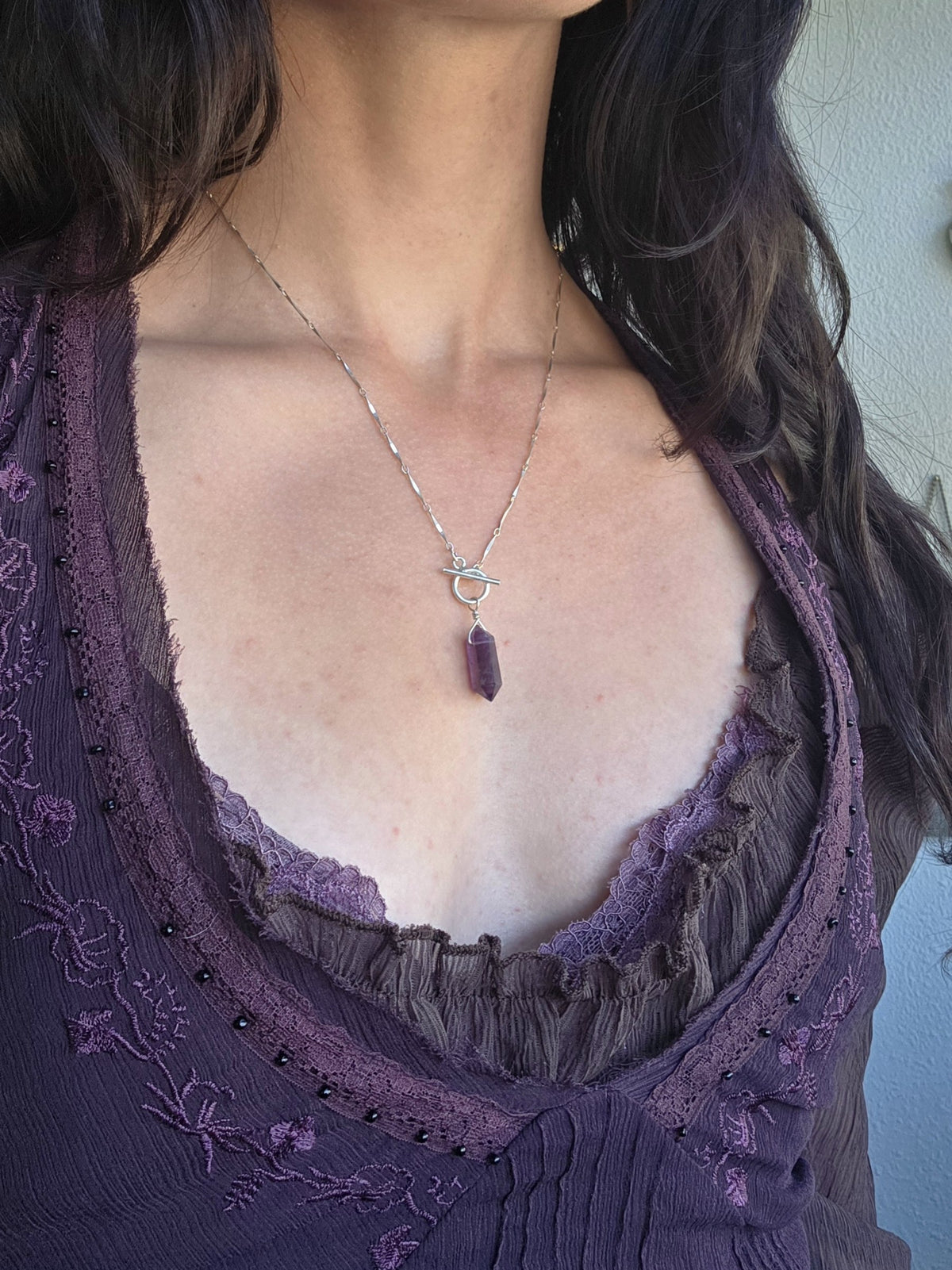 Amethyst pendulum necklace on sterling silver, worn