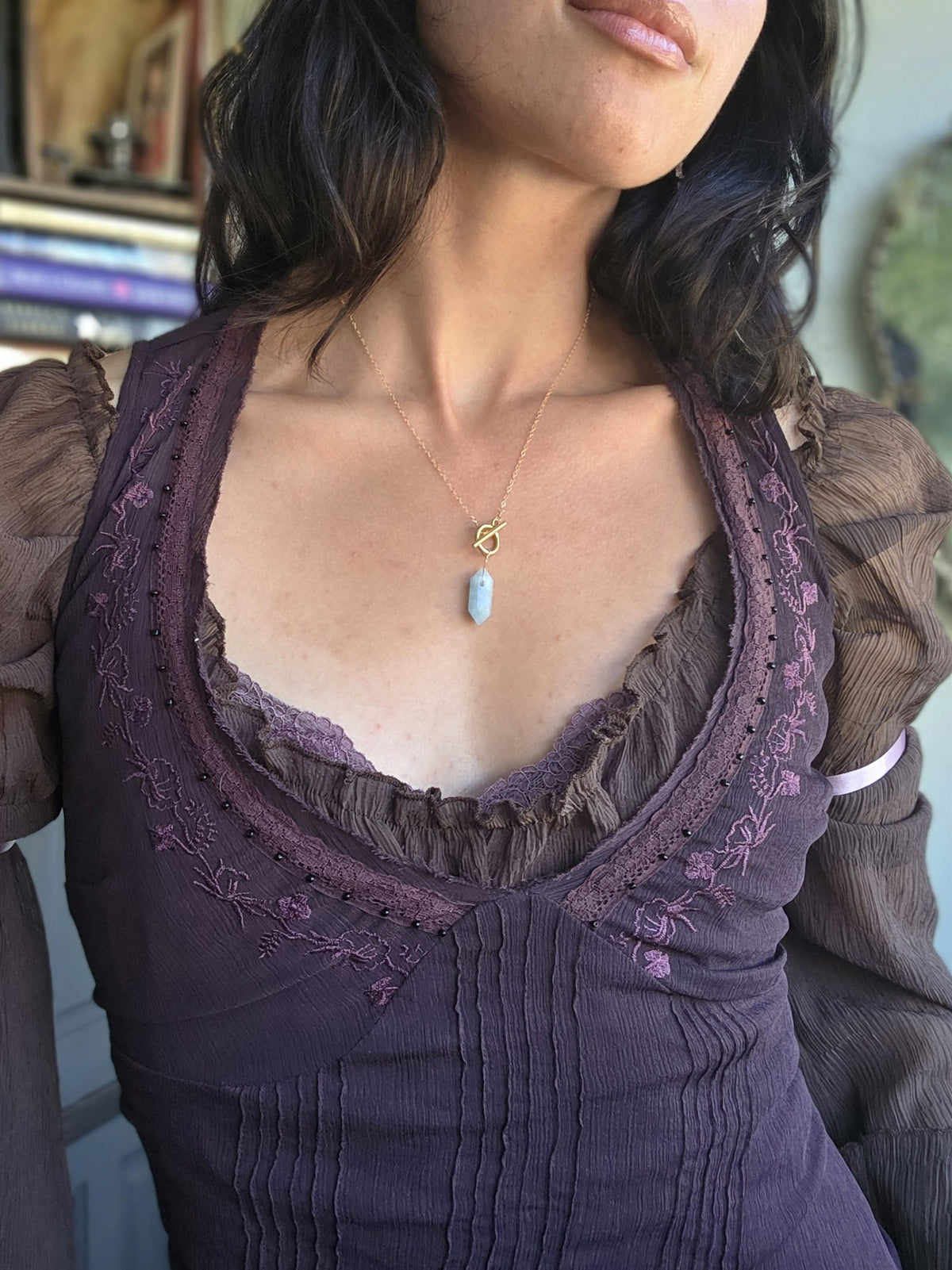 Aquamarine pendulum necklace on 14k gold-filled chain, worn