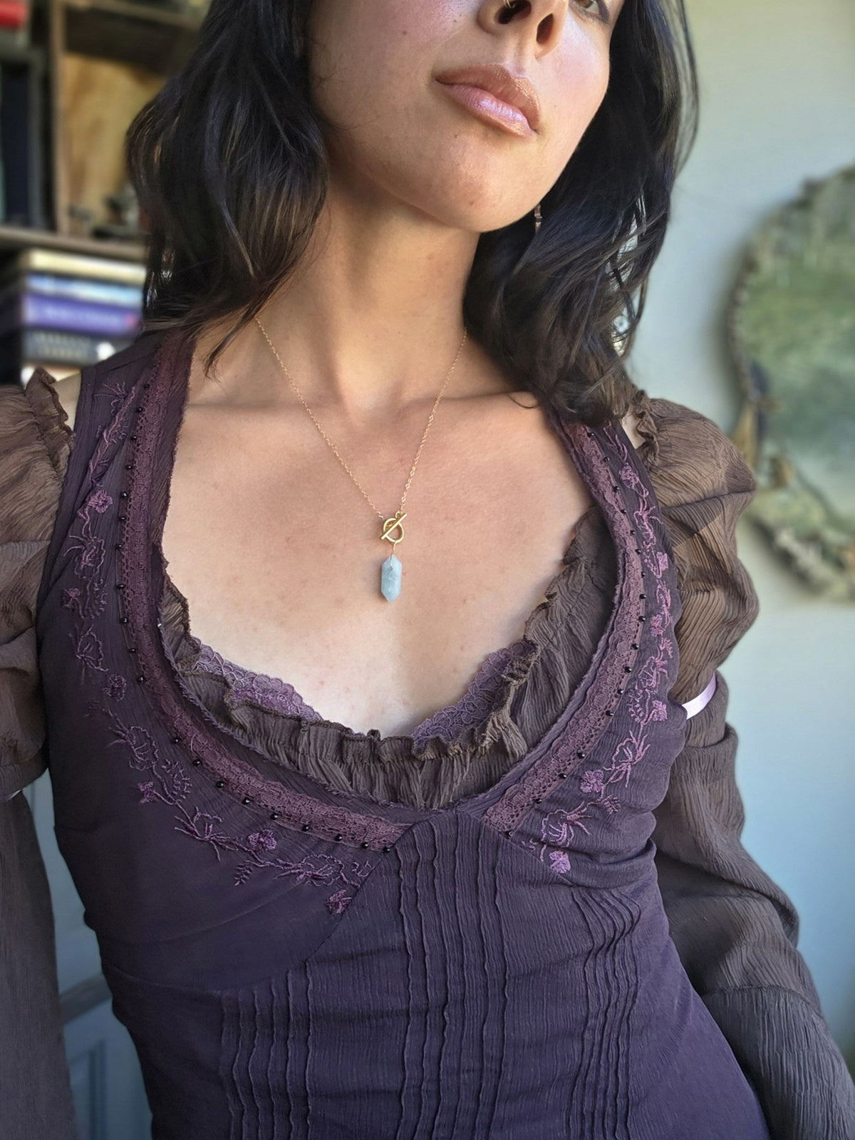 Aquamarine pendulum necklace on 14k gold-filled chain, worn