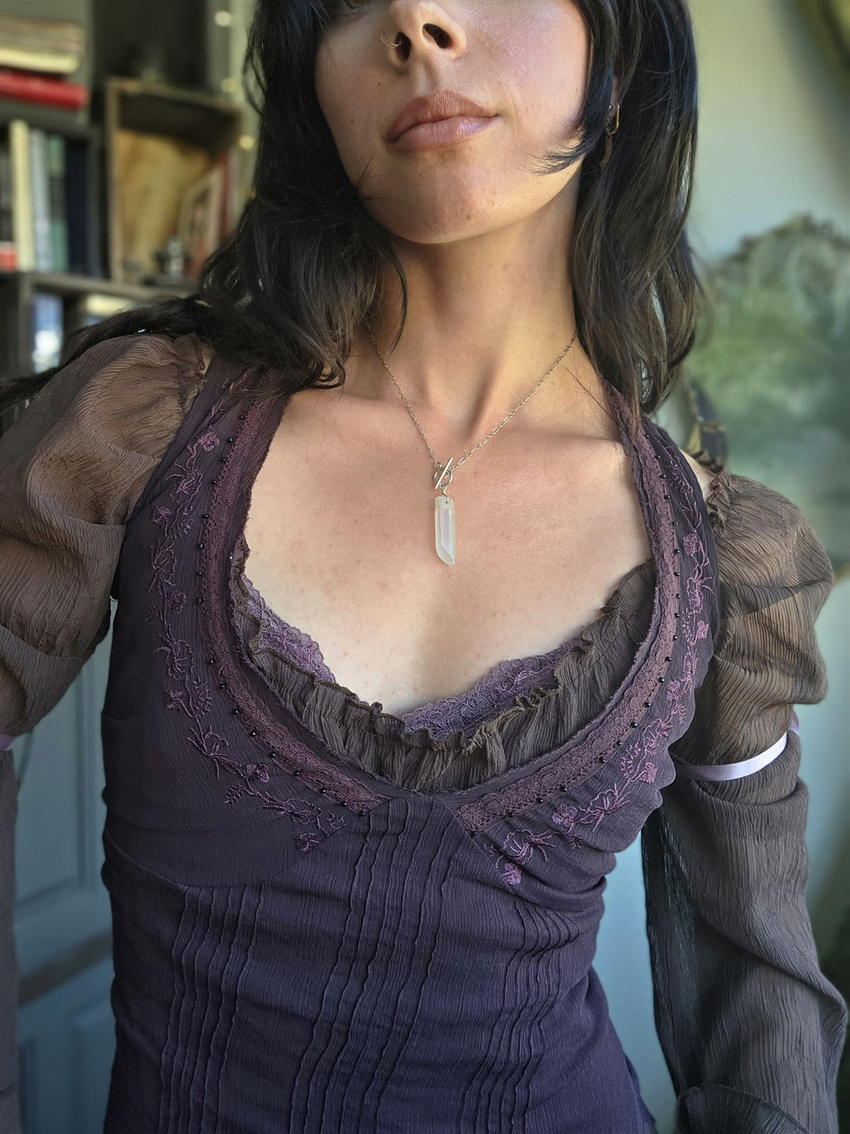 Rainbow quartz pendulum necklace on sterling silver, worn