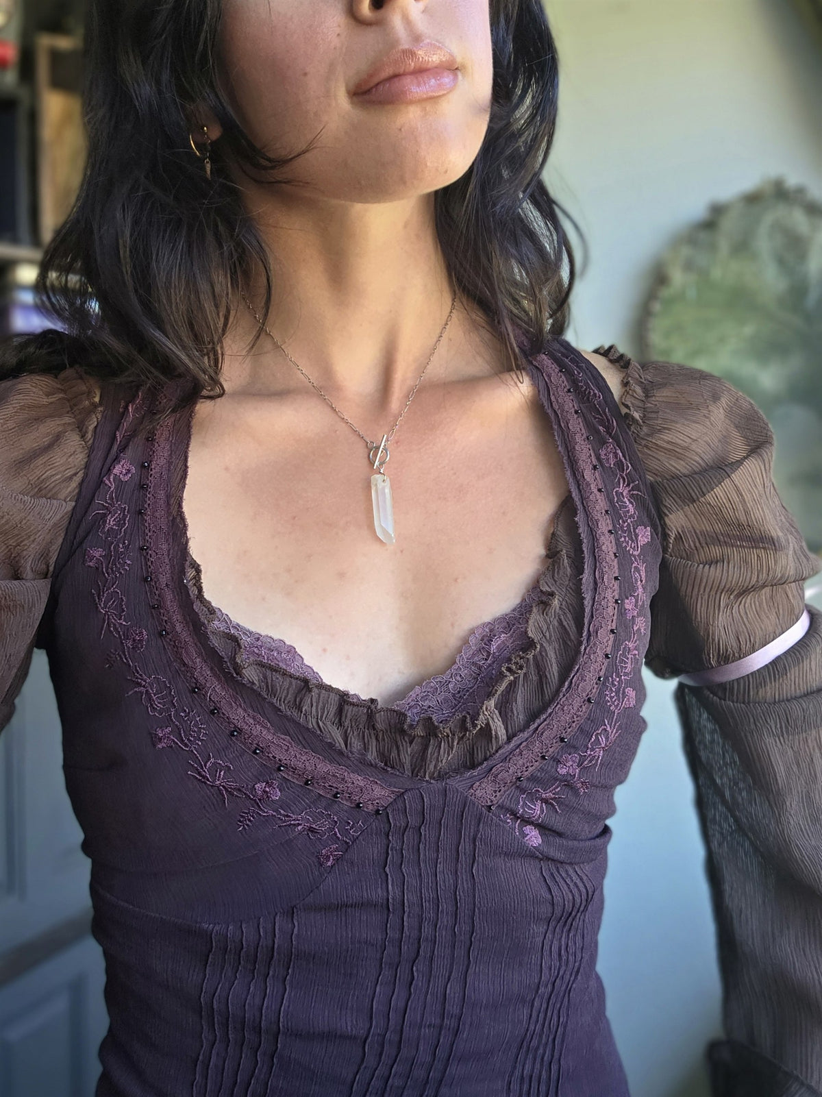 Rainbow quartz pendulum necklace on sterling silver, worn