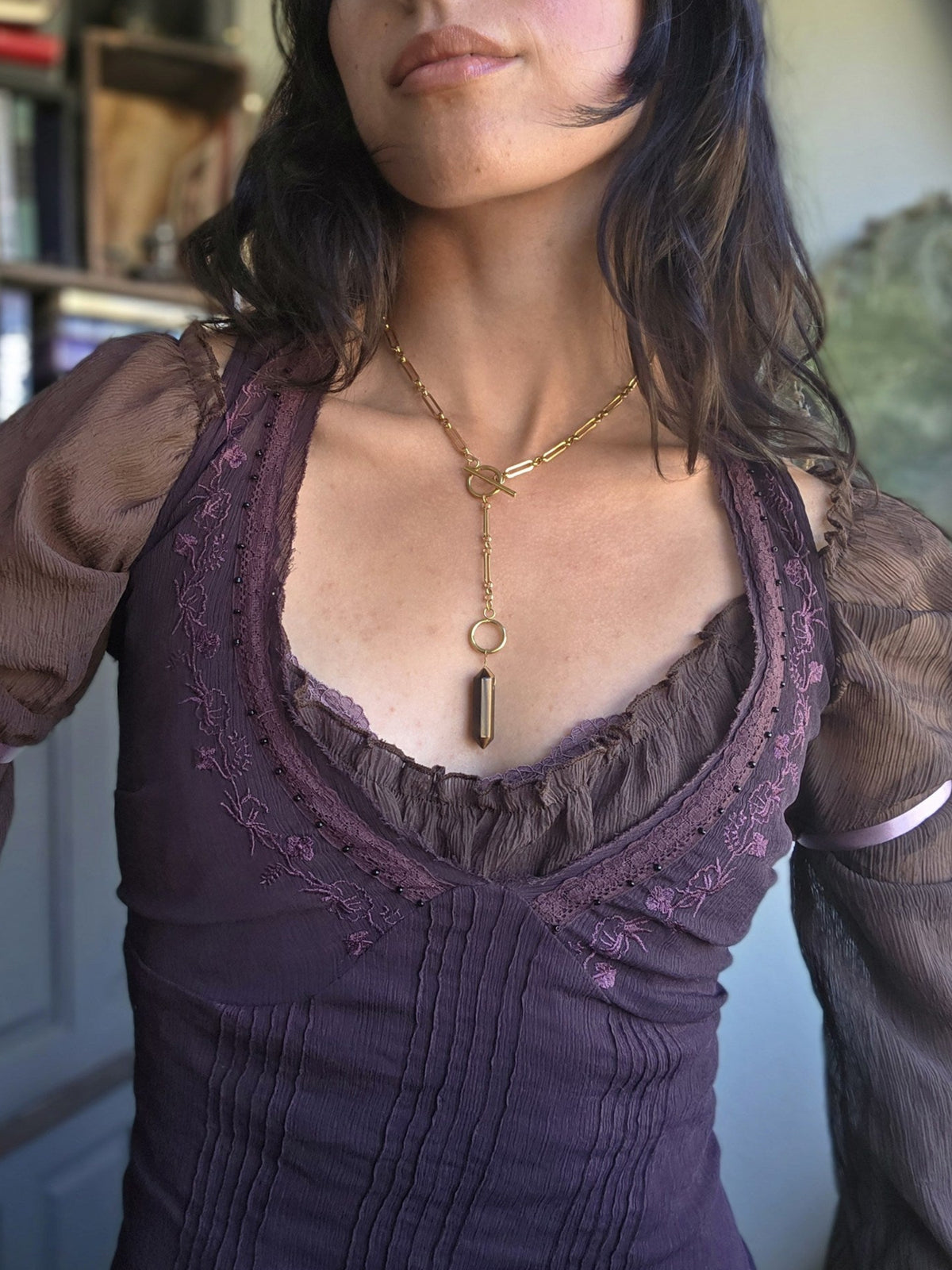 Tiger's eye pendulum necklace, worn