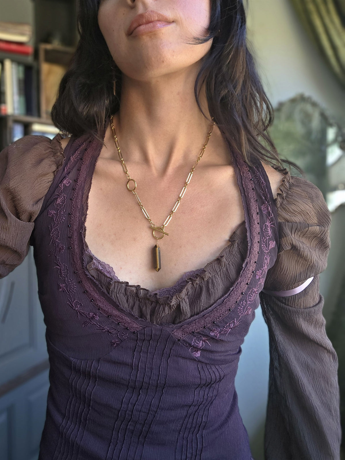 Tiger's eye pendulum necklace, worn